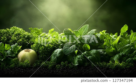 Lush green herbs and onion fresh ingredients healthy food concept 127347194