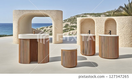 Modern wooden sinks and pedestals in seascape setting 127347265