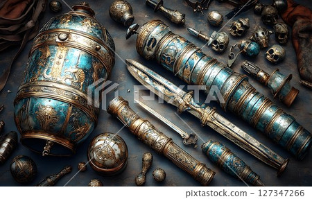 Intricate metallic objects teal and gold detailed background Intricate metallic objects teal and gold detailed background 127347266