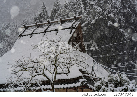 This photo was taken in Miyama-cho, Nantan-shi, Kyoto, in thatched roof village covered with snow. This photo was taken in Miyama-cho, Nantan-shi, Kyoto, in thatched roof village covered with snow. 127347345