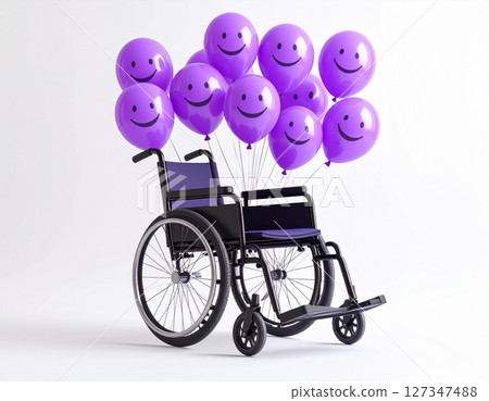 AI generated wheelchair slightly elevated with multiple purple smile balloons symbolizing disability empowerment and joyful mobility concept white background inclusive care 127347488