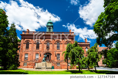 Old Albany Academy Building in Albany, United States, shows red sandstone walls, arched windows and a green cupola rising behind the Joseph Henry statue on a clear summer day 127347584