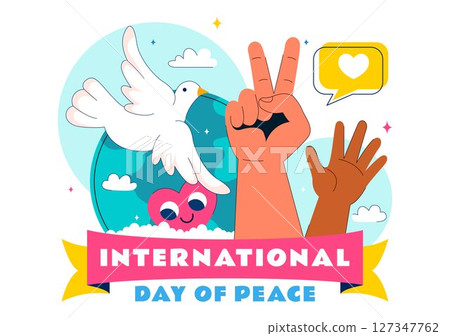 International Peace Day Vector Illustration Featuring Hands, Dove, Globe, and Blue Sky to Promote Prosperity Around the World in a Flat Background 127347762