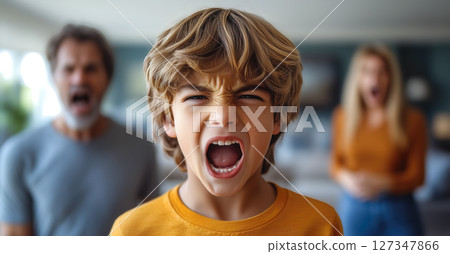 A child cries while parents argue in the background. The crying child highlights the emotional pain and turmoil caused by parental arguments. Generative AI. 127347866