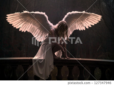 An angel illuminated by light. White wings standing silently 127347946