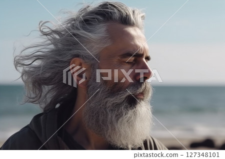 Close up of handsome medium-aged meditating man with gray hair and beard on the ocean shore, with closed eyes 127348101
