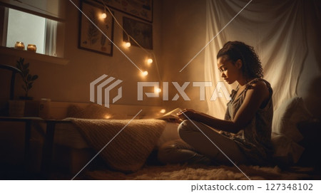 Side view of beautiful meditating woman in her cozy corner of living room at home 127348102