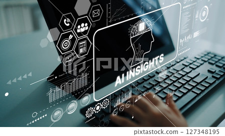 Hand Typing on Keyboard with AI Insights Visualization on Screen for Technology and Data Analysis. Asymptotic smart data analytic Hand Typing on Keyboard with AI Insights Visualization on Screen for Technology and Data Analysis. Asymptotic smart data analytic 127348195