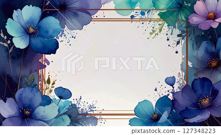 A frame of gentle blue flower watercolor illustrations 127348223