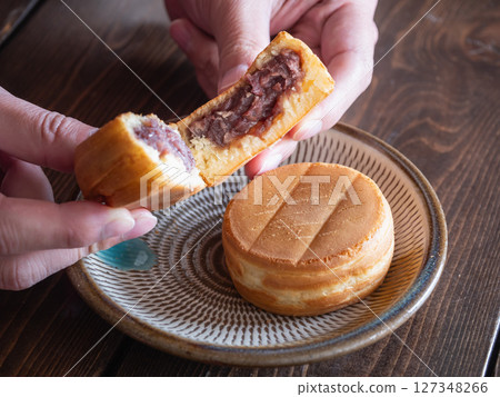 This is a baked confectionery called "oyaki" cut in half and eaten. It is a Japanese confectionery made of dough wrapped around red bean paste. It is also called obanyaki or imagawayaki. 127348266