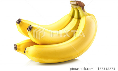 Ripe yellow Cavendish bananas on a white background, perfect for healthy eating and natural food themes. 127348273