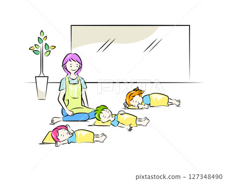 保育員照顧午睡的孩子|育兒和幼兒園插畫系列 保育員照顧午睡的孩子|育兒和幼兒園插畫系列 127348490