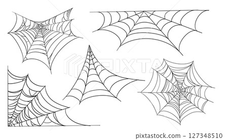 Spiderweb corner line border, gothic scary hanging net frame. Simple spooky halloween decoration. Cobweb spider trap. 127348510