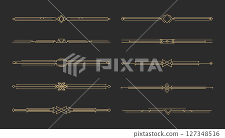 Art deco golden retro divider, border. Line frame vintage geometry gold elegant decoration. Set ornate decor elements. Art deco golden retro divider, border. Line frame vintage geometry gold elegant decoration. Set ornate decor elements. 127348516