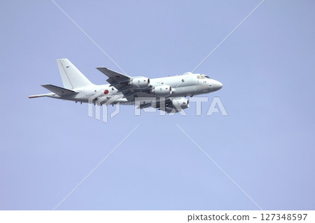 The Japan Maritime Self-Defense Force's domestically-made jet patrol aircraft P-1 flies under a clear blue sky. The Japan Maritime Self-Defense Force's domestically-made jet patrol aircraft P-1 flies under a clear blue sky. 127348597