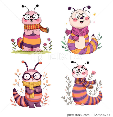 Cute Cartoon Caterpillars with Scarves and Glasses Cute Cartoon Caterpillars with Scarves and Glasses 127348754