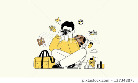 Cartoon Photographer with Floating Objects 127348873