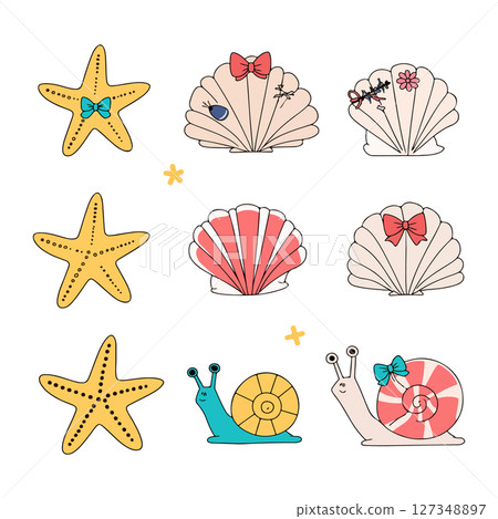 Cute Sea Creatures and Shells Illustration 127348897