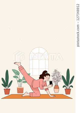 Woman practicing yoga at home 127348912