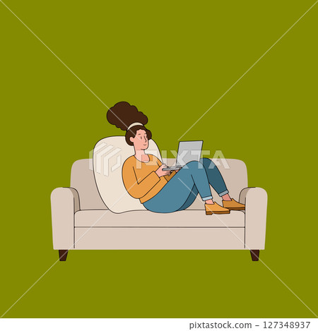 Woman Relaxing on Couch with Laptop Woman Relaxing on Couch with Laptop 127348937
