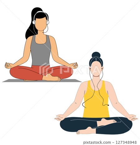 Two Women Meditating with Headphones 127348948