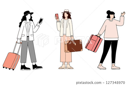 Illustrated Women Travelers with Luggage Illustrated Women Travelers with Luggage 127348970
