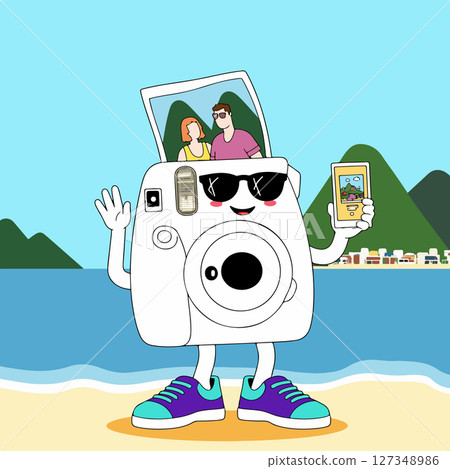Cartoon Camera Character on Beach 127348986