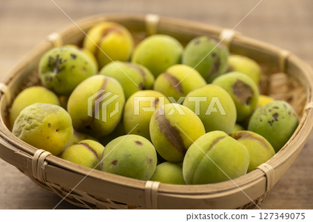 Close-up of damaged and spotted green plums in a bamboo basket Close-up of damaged and spotted green plums in a bamboo basket 127349075