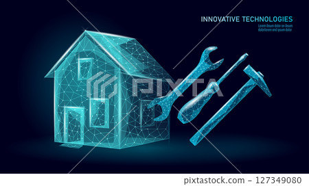 Home repair service concept illustration. House renovation maintenance low poly style. Construction building real estate improvement. Blue polygonal dark background vector 127349080