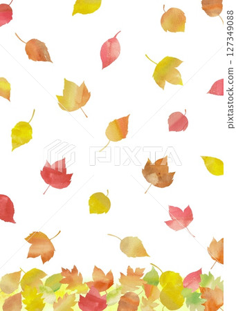 紅色和黃色的落葉圖案很可愛。用水彩描繪秋天的垂直插畫。 127349088
