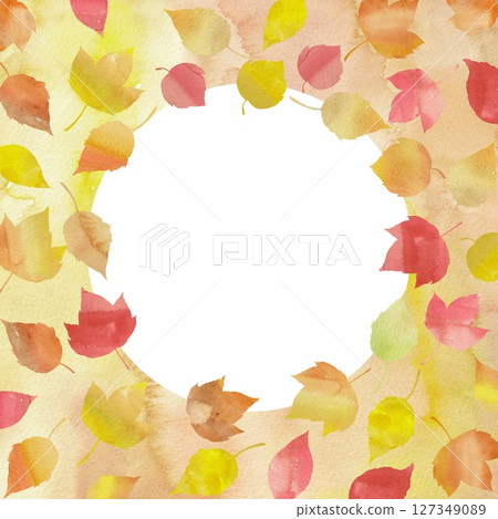 用色彩鮮豔、可愛的落葉做成的圓形畫框。使用水彩畫的秋日色彩插圖。 127349089