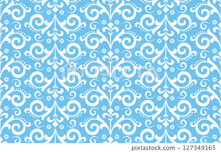 Wallpaper in the style of Baroque. White and blue floral ornament. Seamless vector background. Graphic pattern for fabric, wallpaper, packaging. Ornate Damask flower illustration 127349165