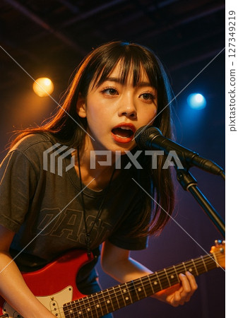 一個女孩在現場表演屋彈吉他唱歌 127349219