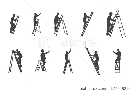 Man climbing ladder svg, People climbing ladder svg, Man climbing ladder silhouette, Man with ladder clipart. 127349294