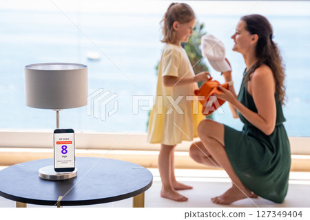 Smartphone shows high UV alert while mother offers child a cap or sun hat. Everyday sun protection choices in response to radiation warning 127349404