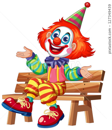 Cheerful Clown Sitting on a Wooden Bench 127349439