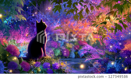 A cat standing in a shining forest 127349586
