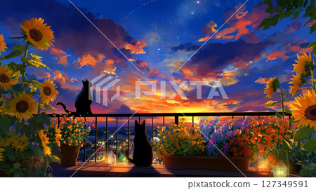 夏日傍晚陽台上的兩隻貓 127349591