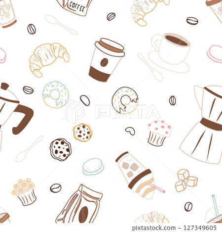 Seamless coffee shop pattern with colored outline elements Seamless coffee shop pattern with colored outline elements 127349605