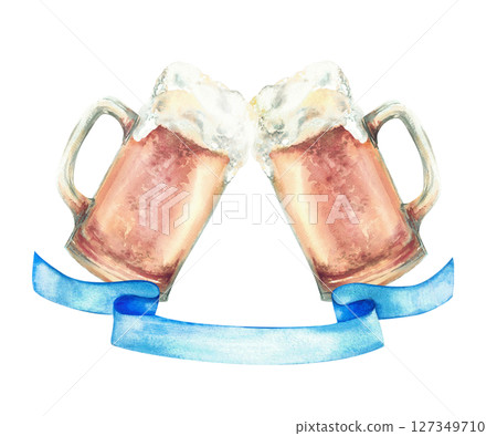 Two beer mugs toast clinking with foam and blue ribbon below. Realistic watercolor hand drawn cheers beer glasses isolated illustration. Clipart for Oktoberfest festival, brewing, festive packaging 127349710