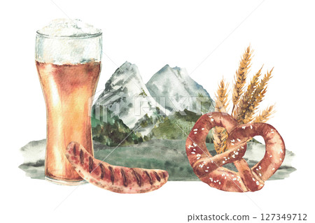 Glass of Beer with sausage and pretzel against the background of Bavarian Zugspitze. Alpine mountains landscape. Watercolor painted German landmark. Oktoberfest drink and snack isolated illustration 127349712