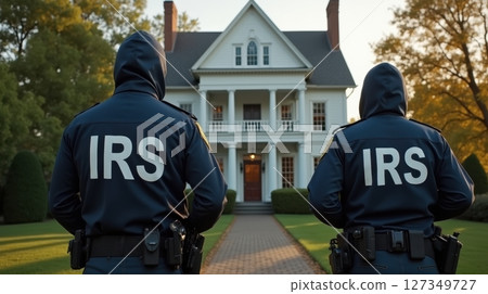 IRS tax agents standing in front of a mansion for a raid 127349727