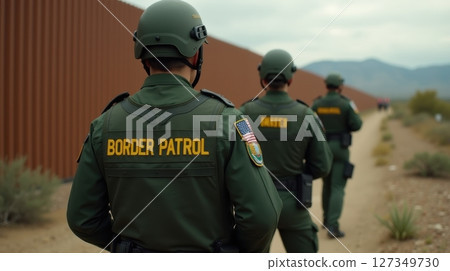 Border patrol officers walking along border 127349730