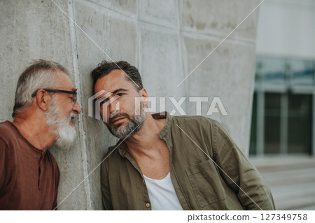 Portrait of handsome mature man and his older father. Portrait of handsome mature man and his older father. 127349758