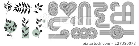 Zen arch set, simple line arch, botanical elements and geometric shapes. Geometric Japanese zen pattern minimal elements. Boho style strips. Zen arch set, simple line arch, botanical elements and geometric shapes. Geometric Japanese zen pattern minimal elements. Boho style strips. 127350078