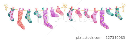 Clothesline socks. Socks on a rope, Baby socks with patterns vector cartoon. Clothesline socks. Socks on a rope, Baby socks with patterns vector cartoon. 127350083