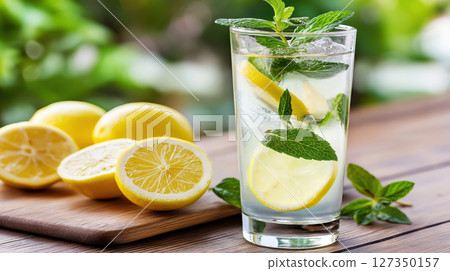 Glass of refreshing lemon water with ice and mint on wooden table with fresh lemons in background. Healthy summer drink. Natural and vibrant composition. 127350157