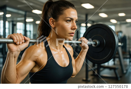 Focused athletic woman lifting barbell during intense strength training at gym. Female athlete demonstrating power and determination. Fitness and motivation. Focused athletic woman lifting barbell during intense strength training at gym. Female athlete demonstrating power and determination. Fitness and motivation. 127350178