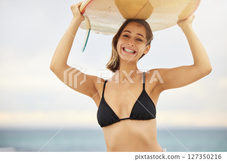 Girl with surfboard, surfing and beach with fitness and adventure outdoor, young surfer and sports portrait in Australia. Surf, exercise and happy in bikini, active lifestyle with travel and ocean. 127350216