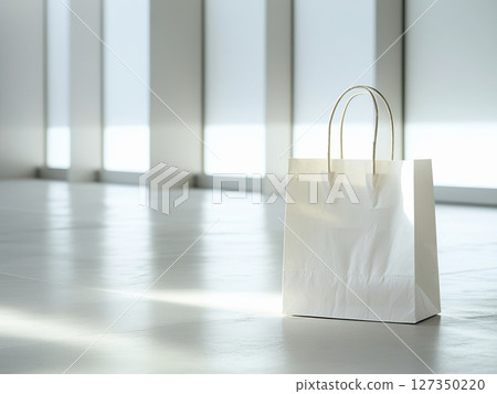 A white shopping bag positioned on a polished floor, bathed in soft natural lighting that streams in from large windows. 127350220